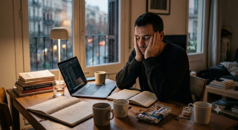 Hombre exhausto frente al ordenador en su mesa de trabajo, una imagen que ilustra el cansancio estructural y la fatiga en la sociedad actual.